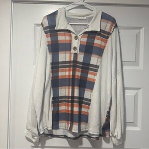 Cozy Plaid Button Shirt - Navy, Orange, White